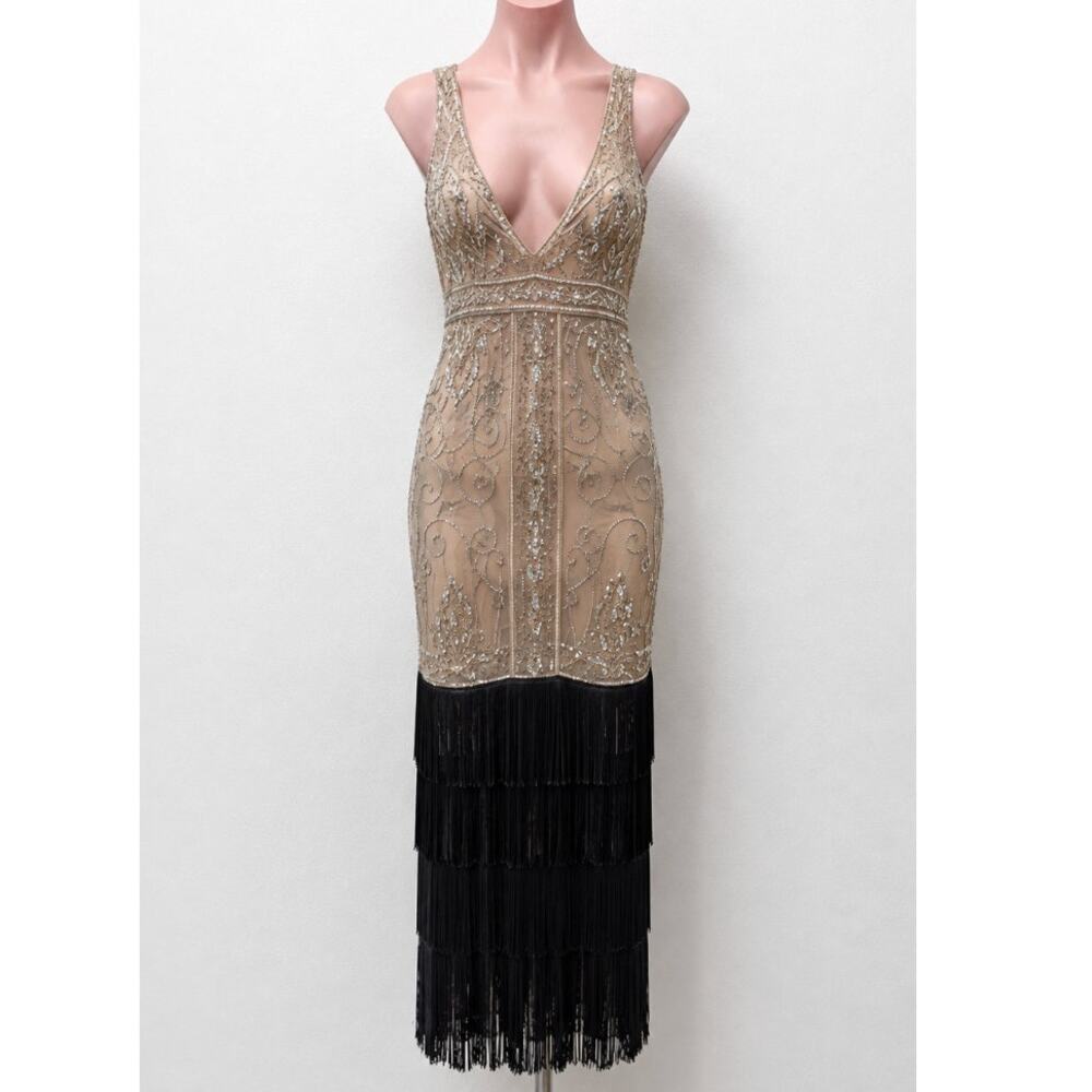 NWT Sue Wong Beaded Gold Mesh Top Black Fringe Bottom Evening Dress 8
